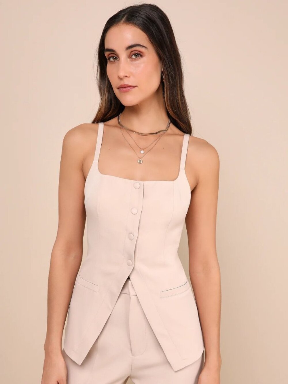 NWT Beige Button-Front Cami Vest Top